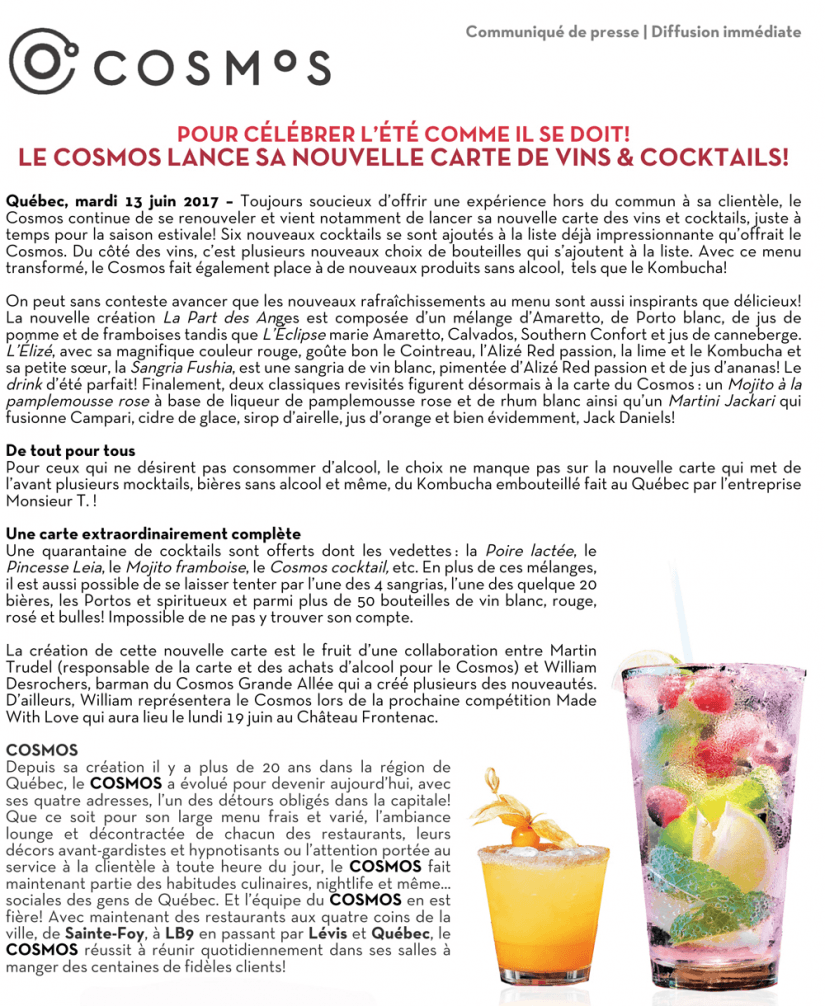 Le Cosmos Lance Sa Nouvelle Carte De Vins Cocktails Restoquebec